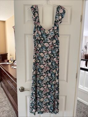 Ann Taylor Loft Floral Midi Dress with Ruffle Straps in Teal and Pink
